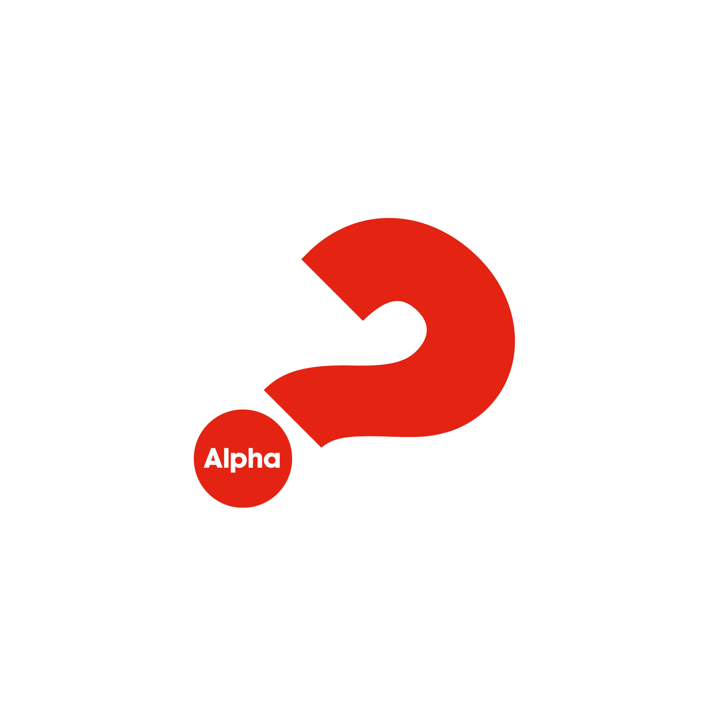 Alfa-logo eli punainen kysymysmerkki, jonka sisällä sana Alpha.