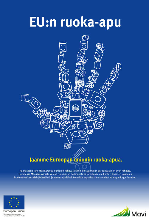 Kuvassa on EU-ruoka-avun logo ja EU-lipun värit