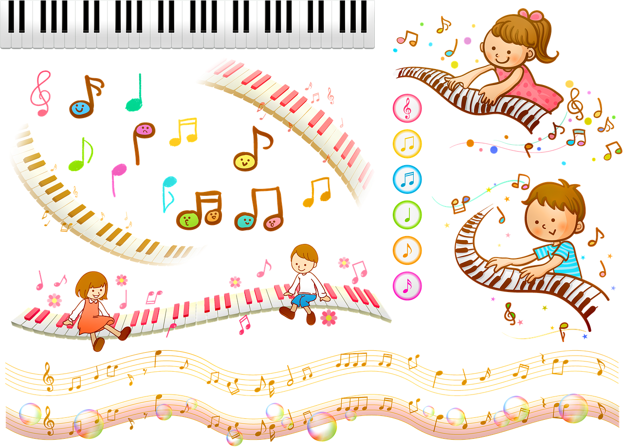 Piirroskuva, jossa lapset soittavat pianon koskettimia ja ympärillä on värikkäitä nuotteja.