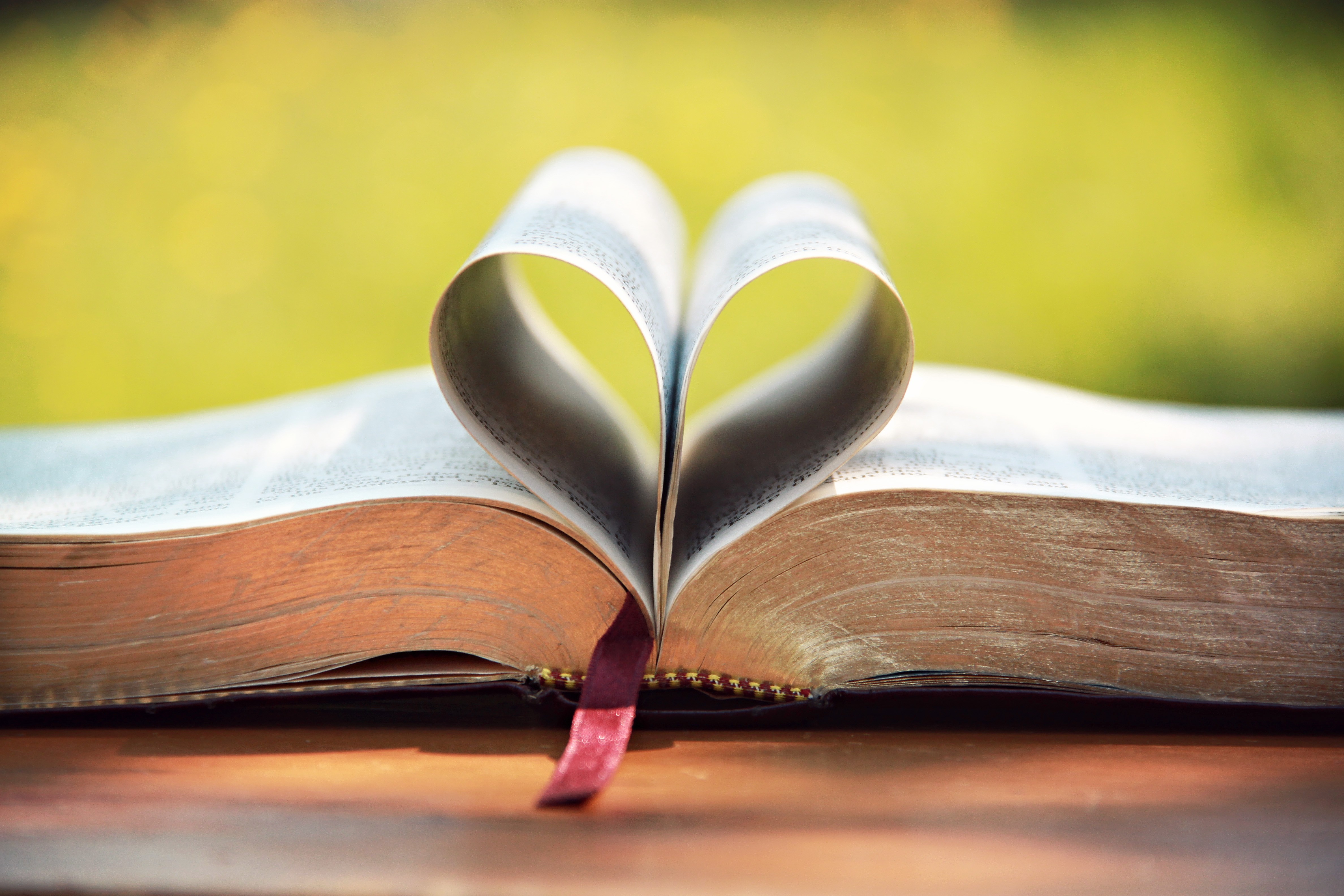 Bible Journaling -ilta kaikenikäisille Avoin Raamattu, jonka sivuja on käännetty sydämen muotoon.