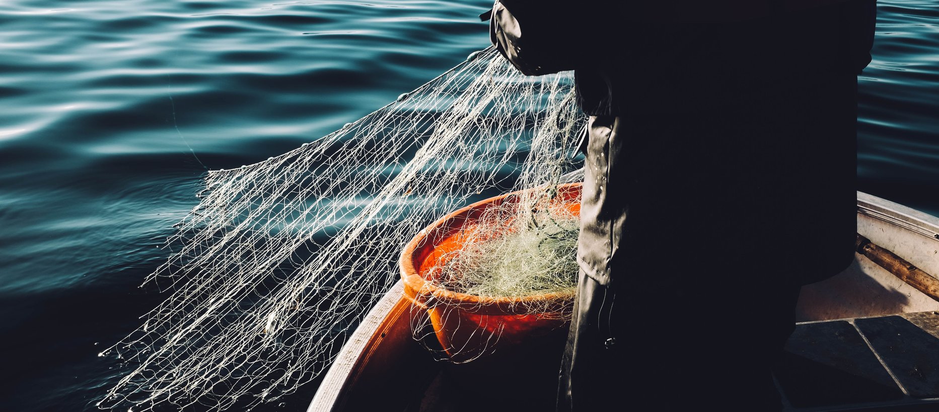 mies vetämässä verkkoja kalassa